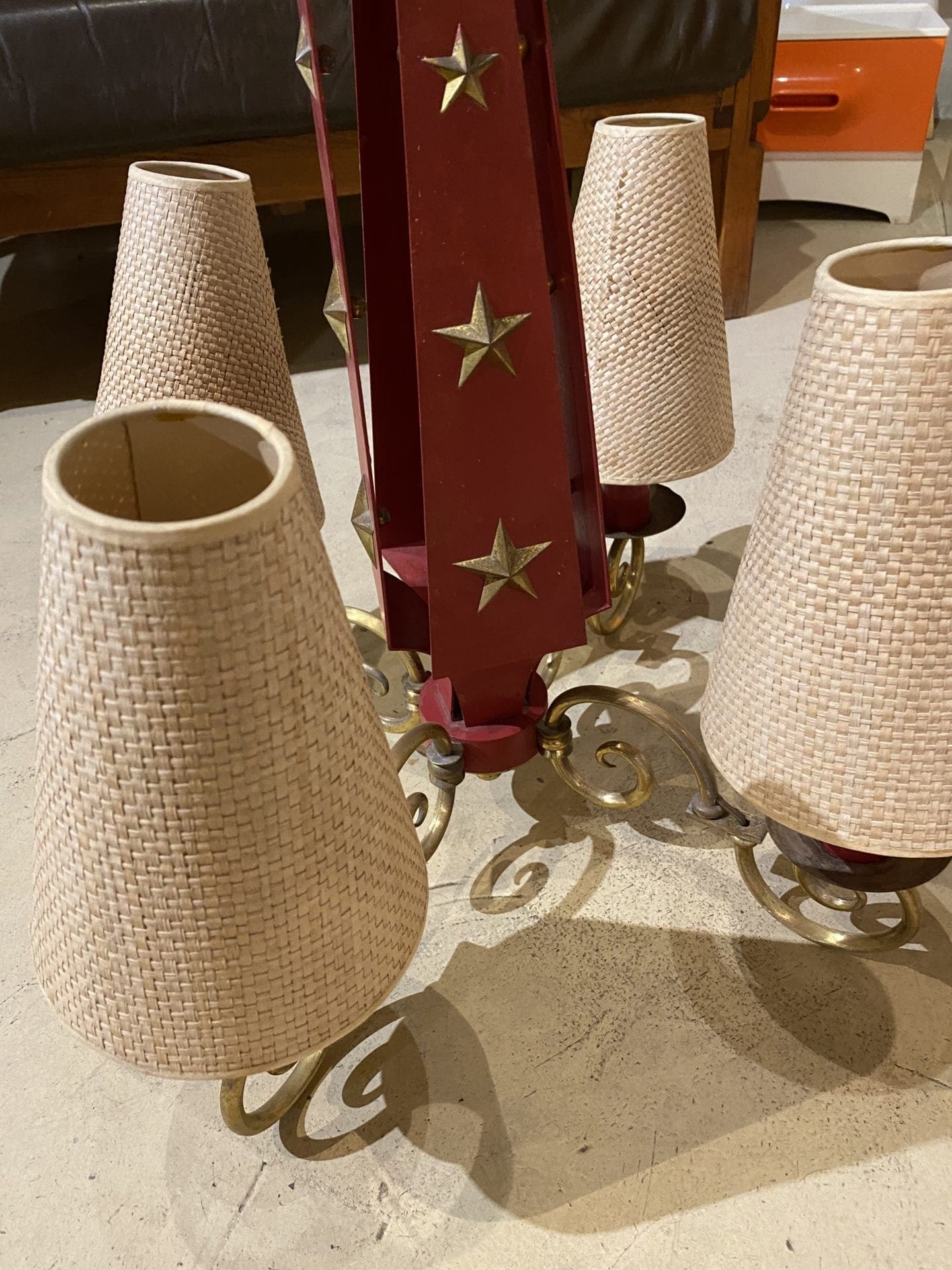 Lustre André Arbus 1940 — Métal laqué rouge & Laiton, Art déco vintage