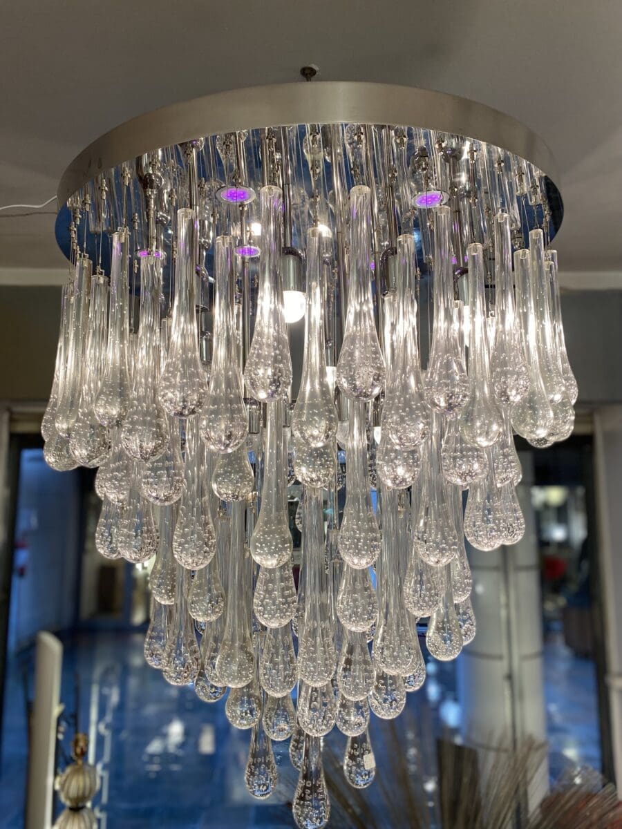 Grand Lustre Gouttes d’Eau en Verre de Murano avec LEDs de Couleur