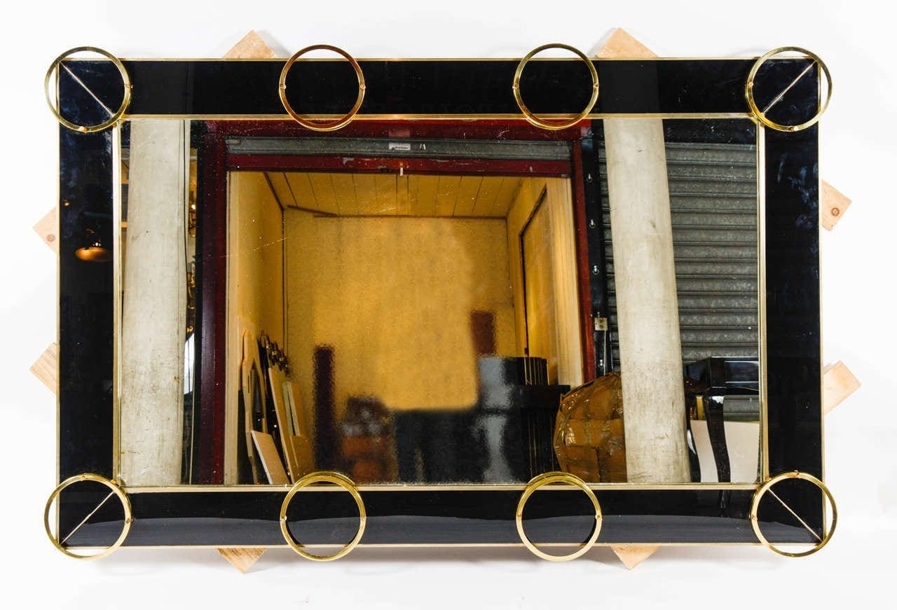 Miroir en verre noir et garniture laiton, 1985
