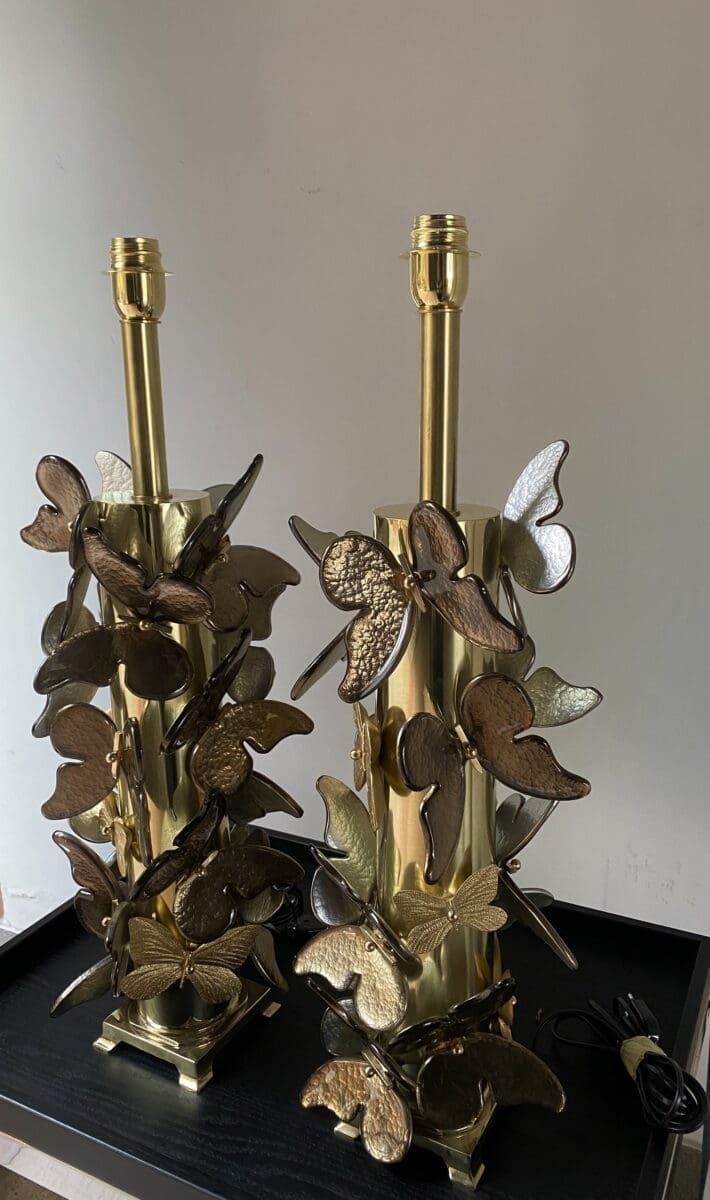 Paire de lampes en métal doré Occasion avec papillons – Murano