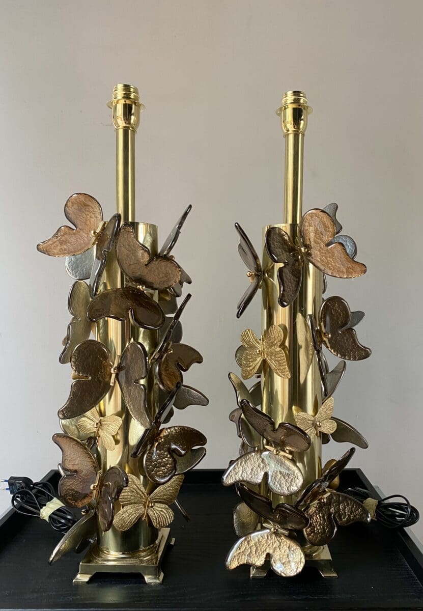 Paire de lampes en métal doré Occasion avec papillons – Murano