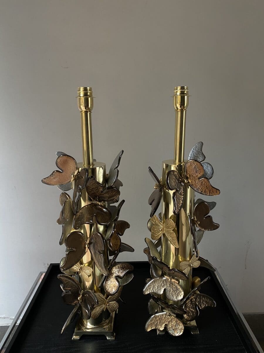 Paire de lampes en métal doré Occasion avec papillons – Murano