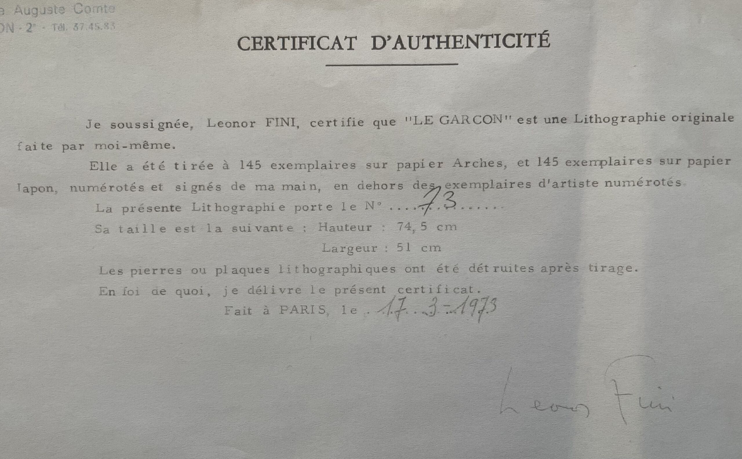 Lithographie Rare de Leonor Fini, Circa 1970 : « Le Garçon »