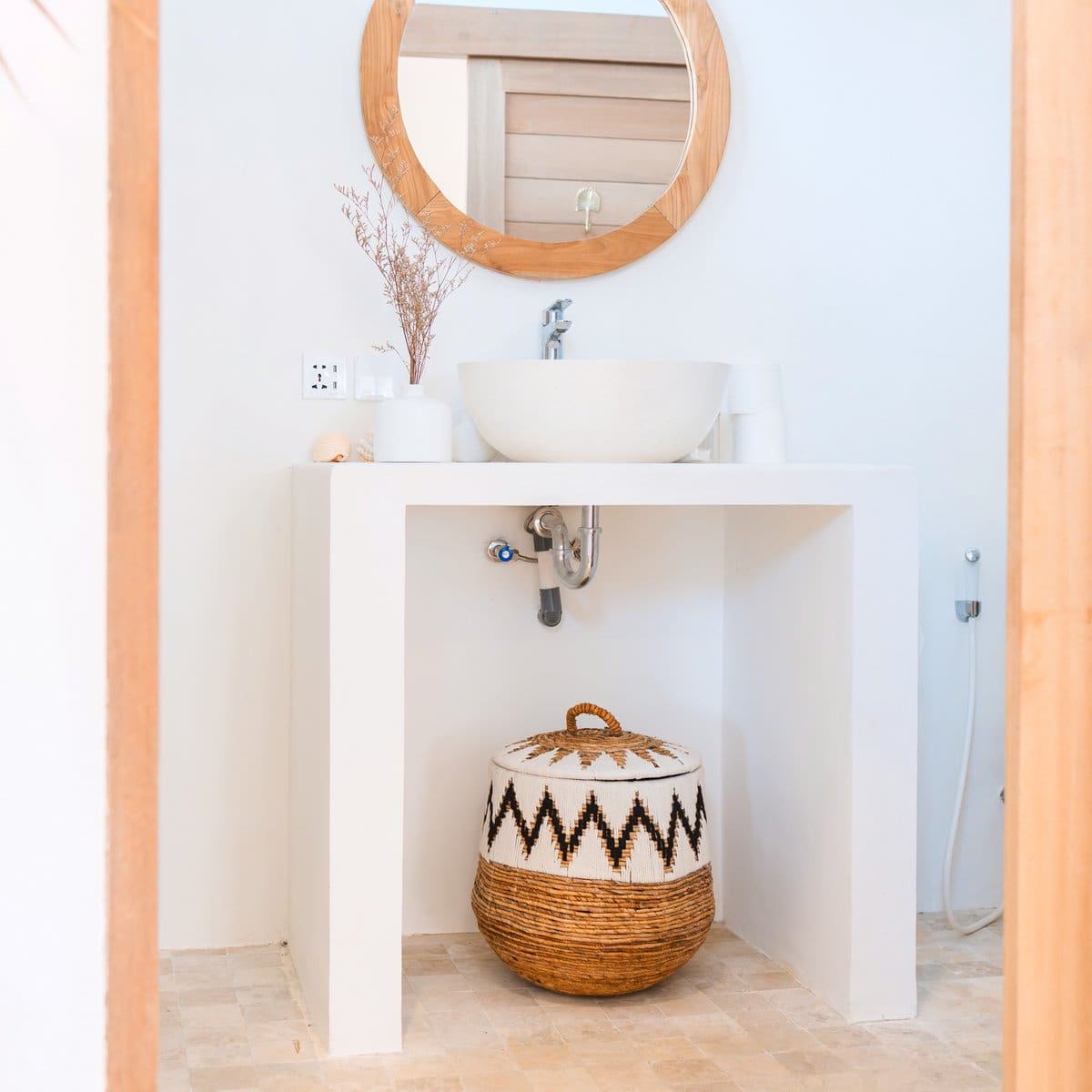 Panier à linge avec couvercle – Panier à linge Boho rond – Grand panier Boho – Panier tissé avec motif coton PALEM (3 tailles Ø33/43/55cm)