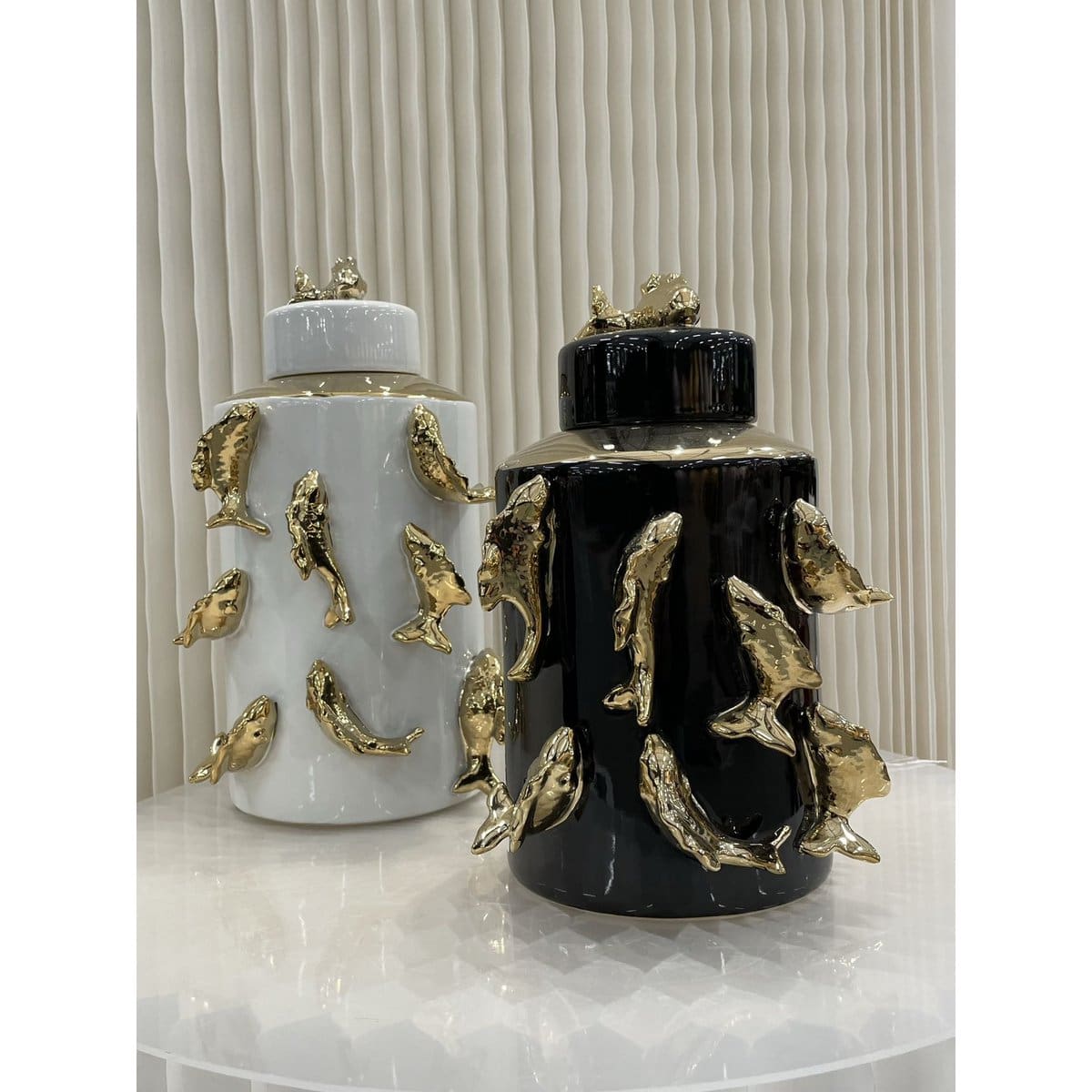 Pot de rangement céramique noir décor poissons dorés