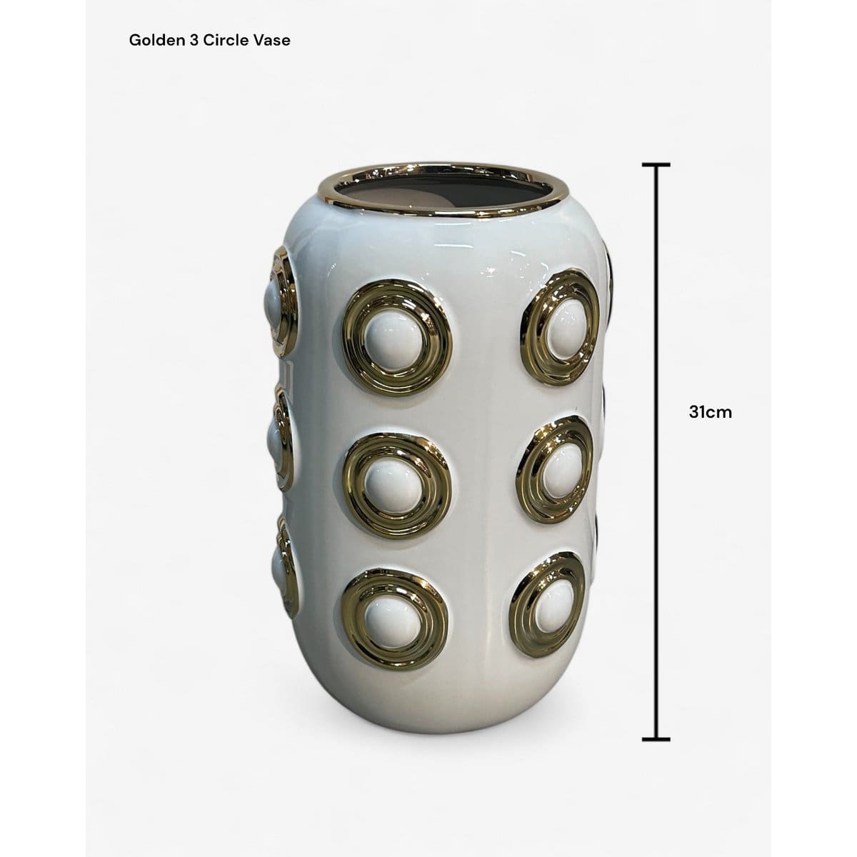 Vase décoratif blanc et or – Motifs circulaires sculptés, pièce brillante et moderne