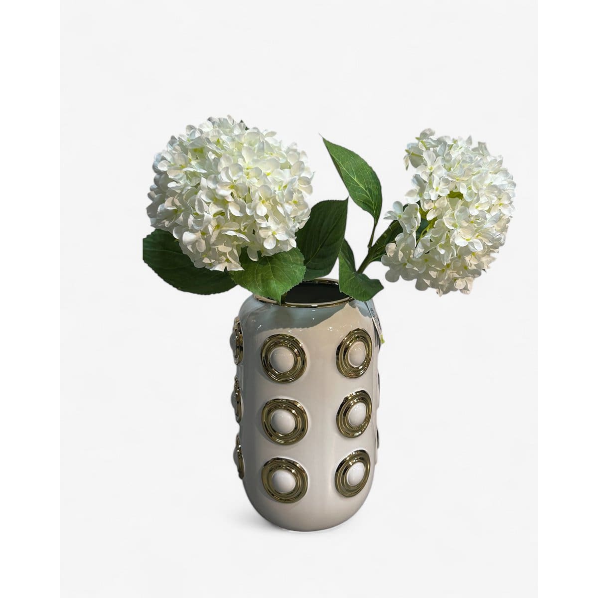 Vase décoratif blanc et or – Motifs circulaires sculptés, pièce brillante et moderne