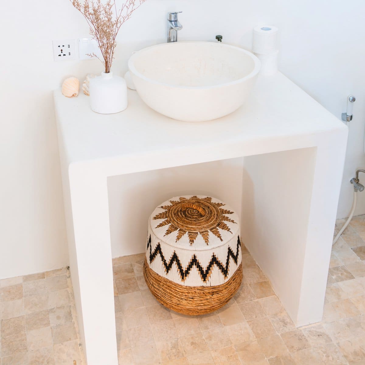 Panier à linge avec couvercle – Panier à linge Boho rond – Grand panier Boho – Panier tissé avec motif coton PALEM (3 tailles Ø33/43/55cm)