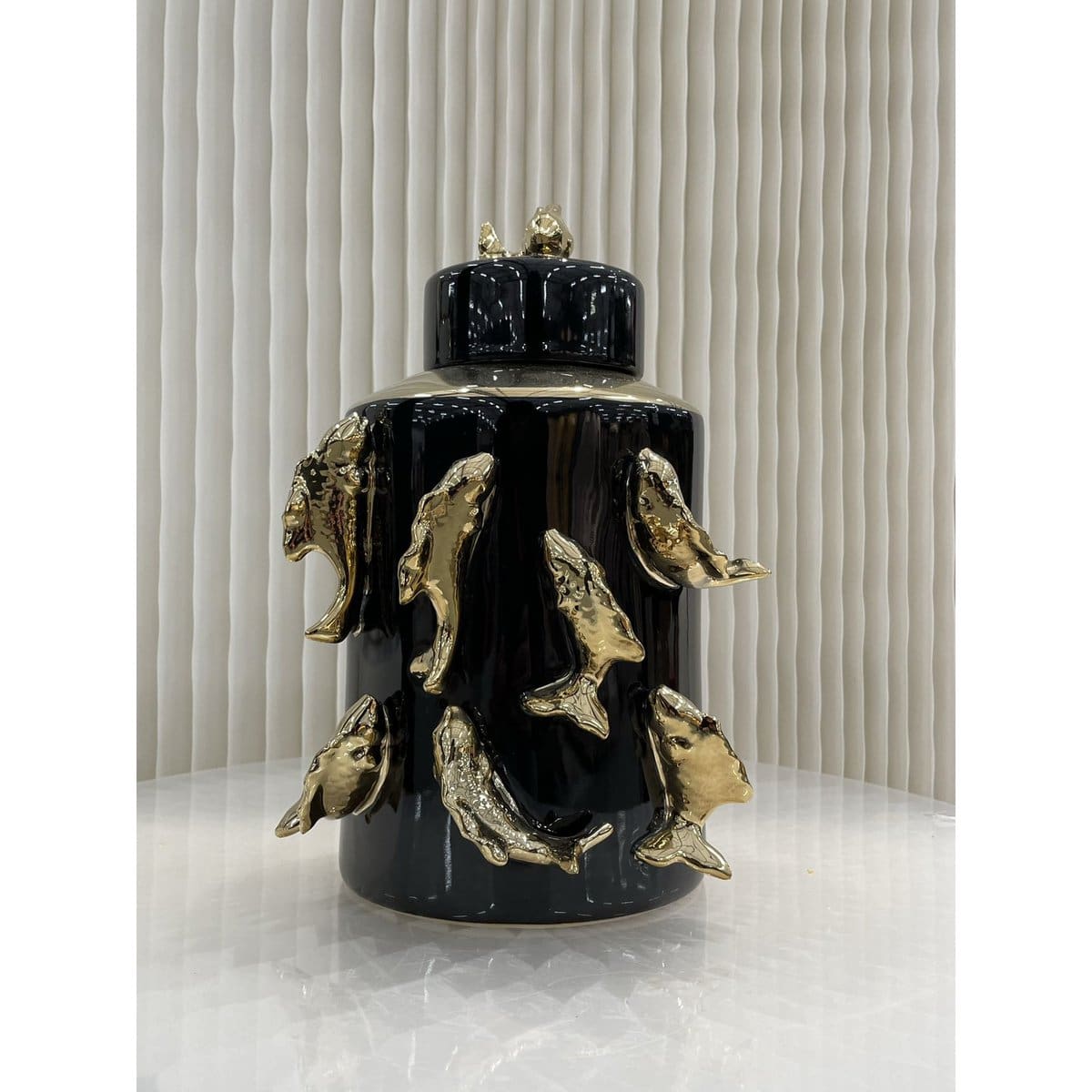 Pot de rangement céramique noir décor poissons dorés