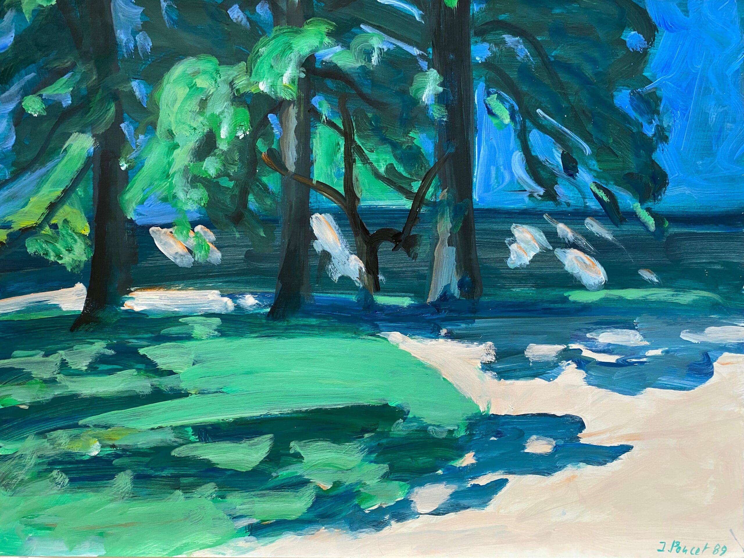 Jacques Poncet – La Terrasse Ombragée (1989), acrylique sur papier – Peinture figurative