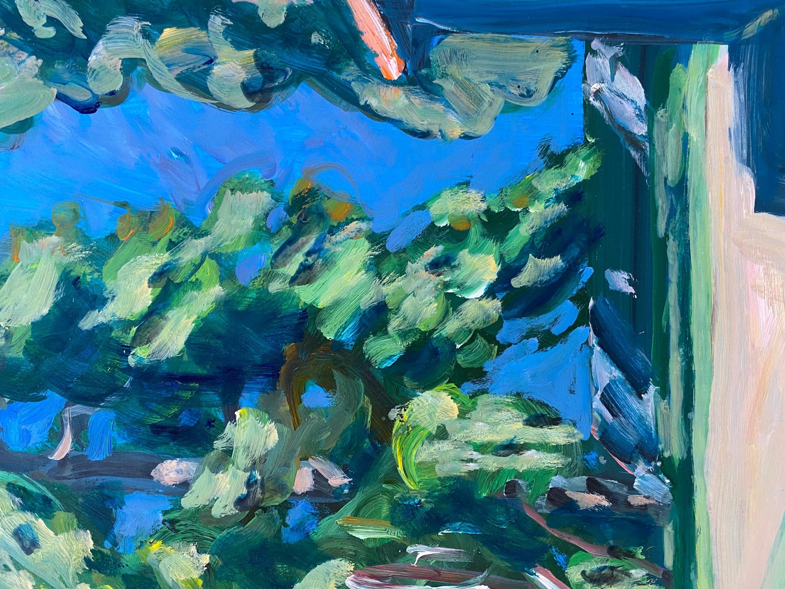 Jacques Poncet – La Terrasse Ombragée (1989), acrylique sur papier – Peinture figurative