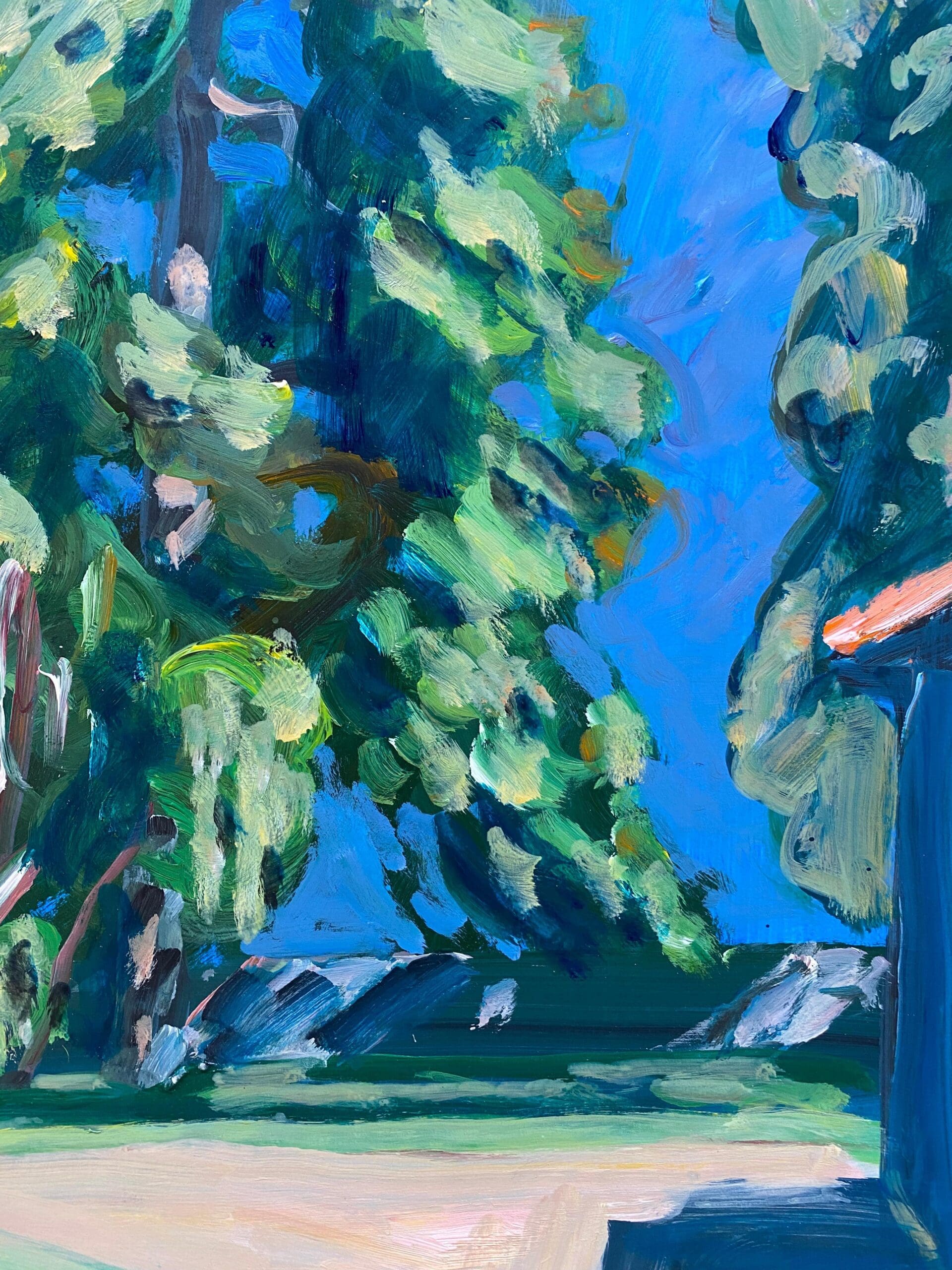 Jacques Poncet – Les Arbres derrière la maison (1989), acrylique sur papier – Peinture figurative