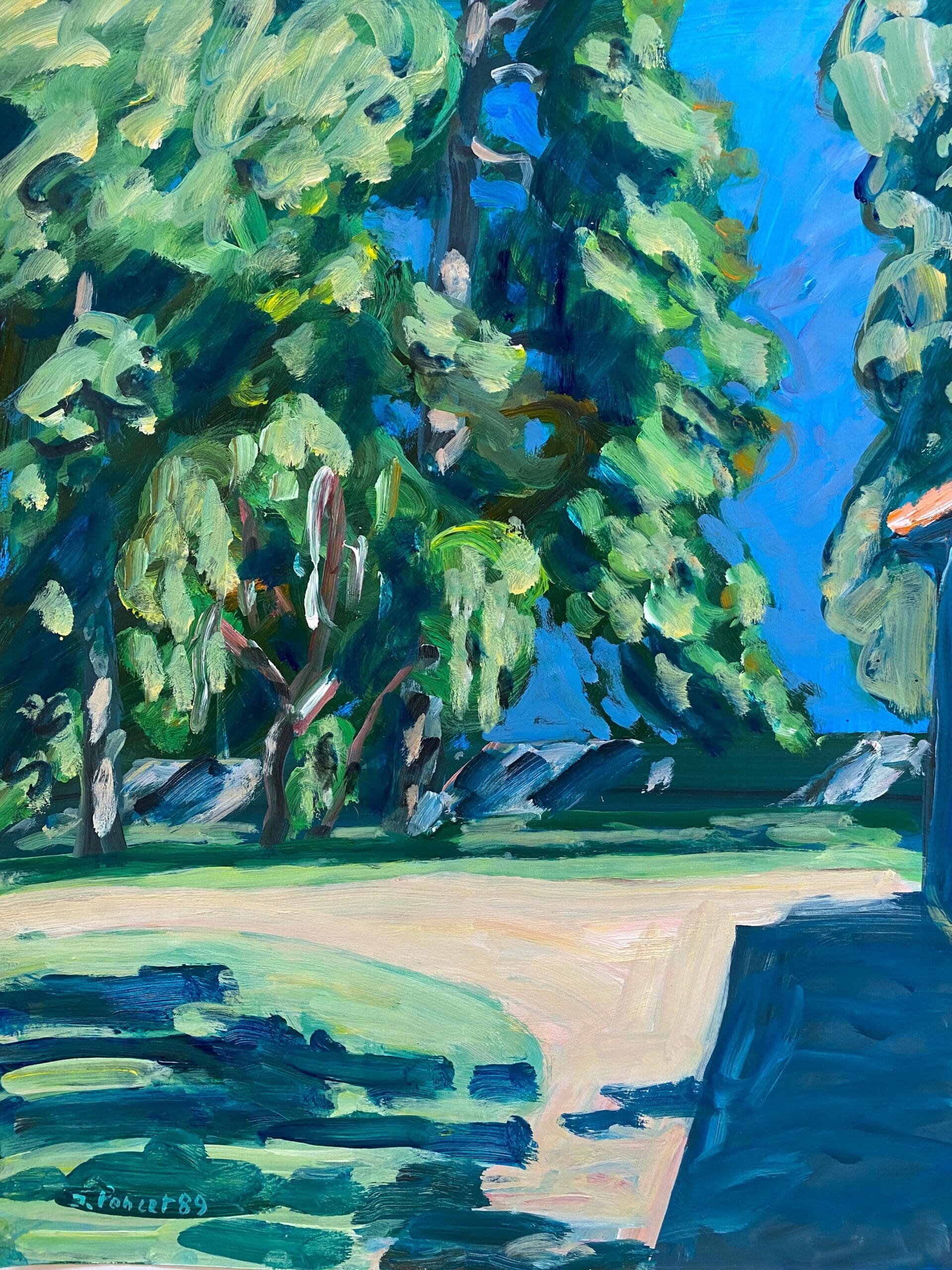 Jacques Poncet – Les Arbres derrière la maison (1989), acrylique sur papier – Peinture figurative