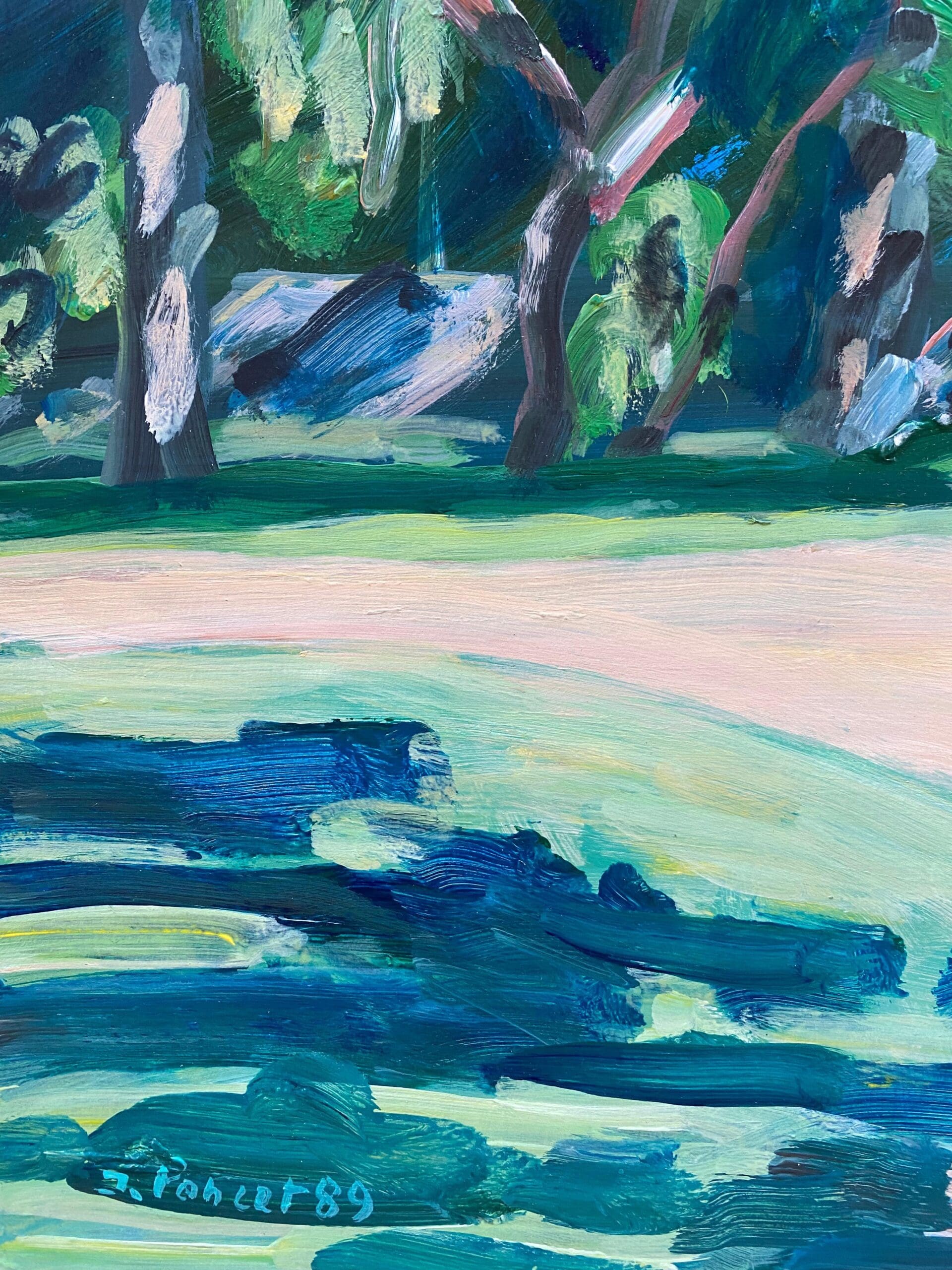 Jacques Poncet – Les Arbres derrière la maison (1989), acrylique sur papier – Peinture figurative