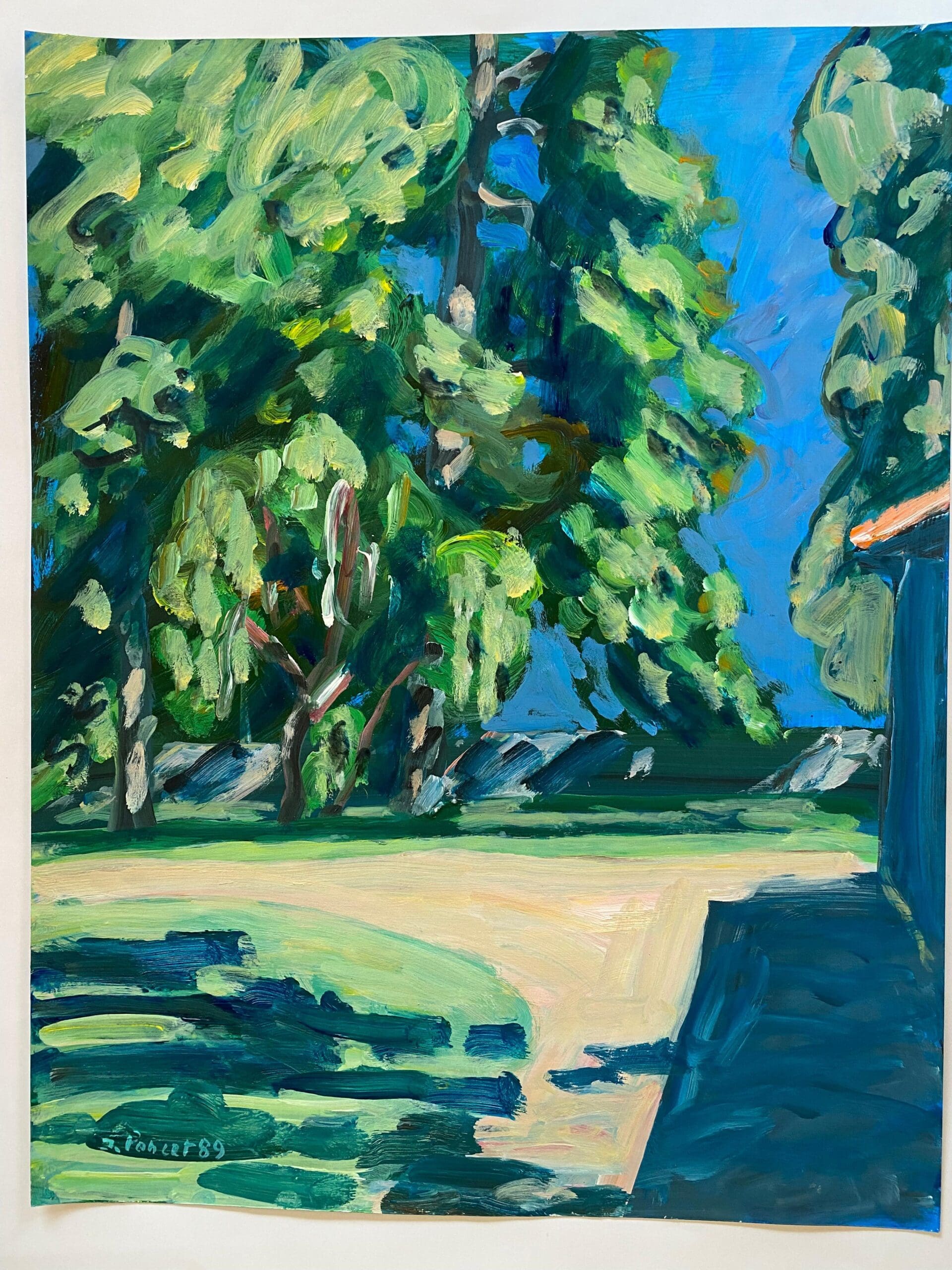 Jacques Poncet – Les Arbres derrière la maison (1989), acrylique sur papier – Peinture figurative