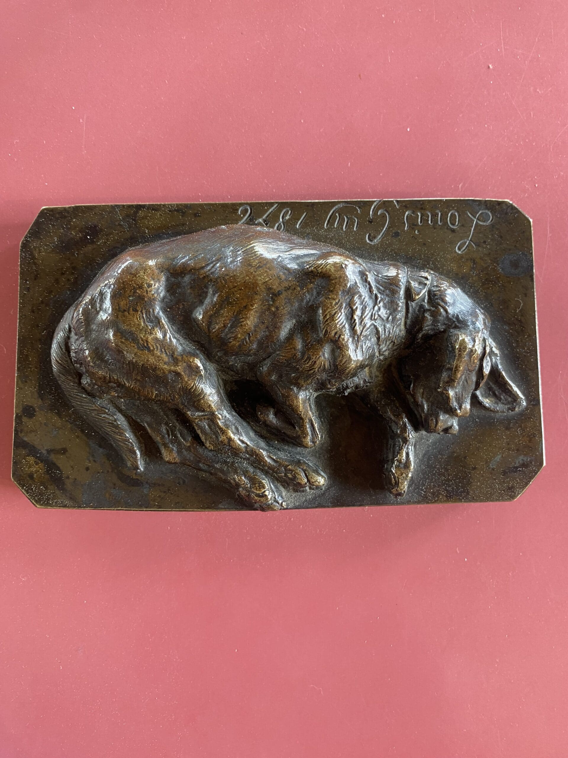 Sculpture bronze basset par Louis Guy, 1876 – Art animalier du XIXᵉ siècle