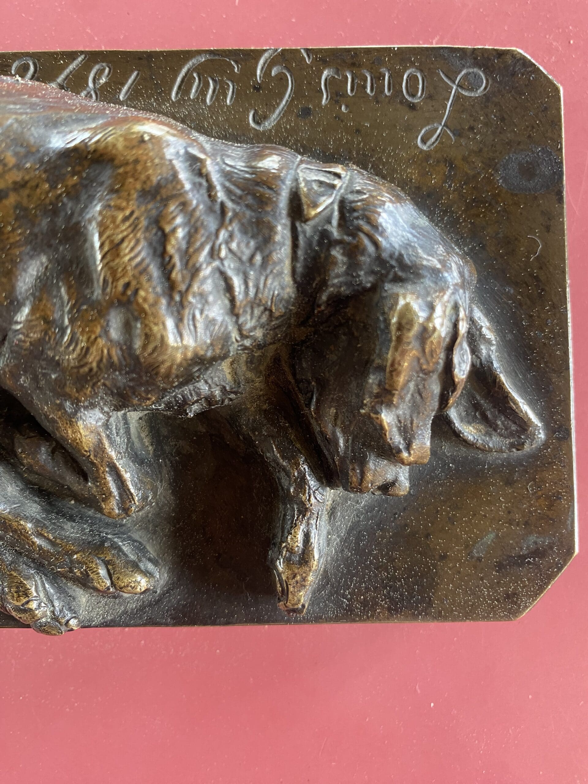 Sculpture bronze basset par Louis Guy, 1876 – Art animalier du XIXᵉ siècle