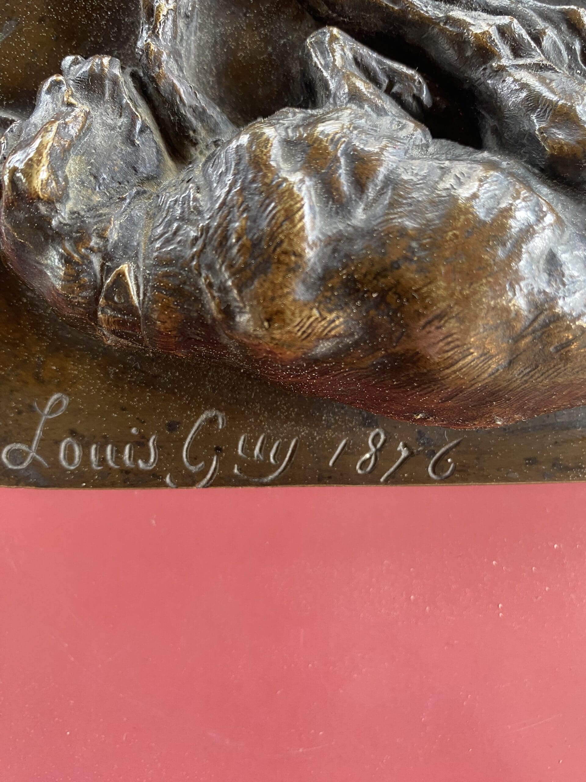 Sculpture bronze basset par Louis Guy, 1876 – Art animalier du XIXᵉ siècle