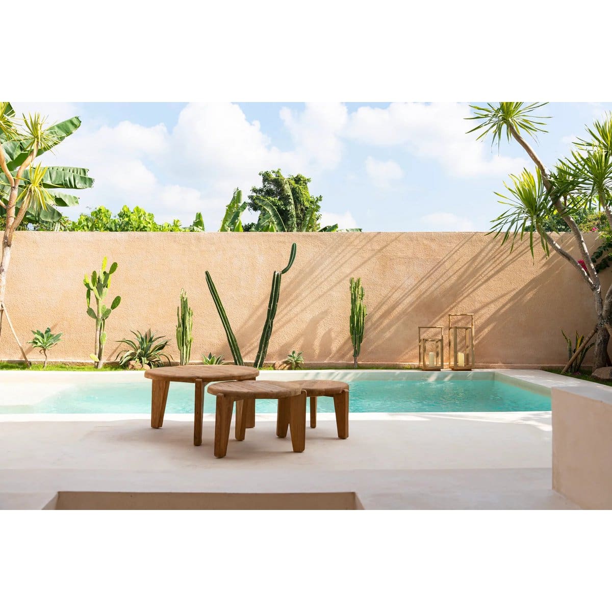 Piscine extérieure entourée de cactus.