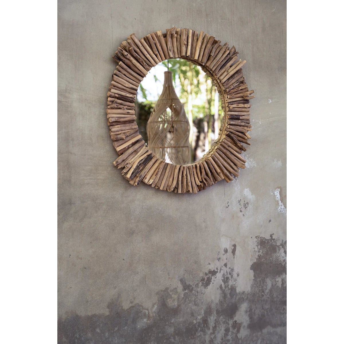 Miroir rond en bois flotté – Pièce artisanale unique venue d’Indonésie (neuf) – M
