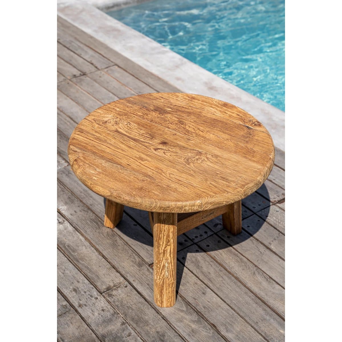 Table basse ronde en teck recyclé – Finition brute artisanale, L
