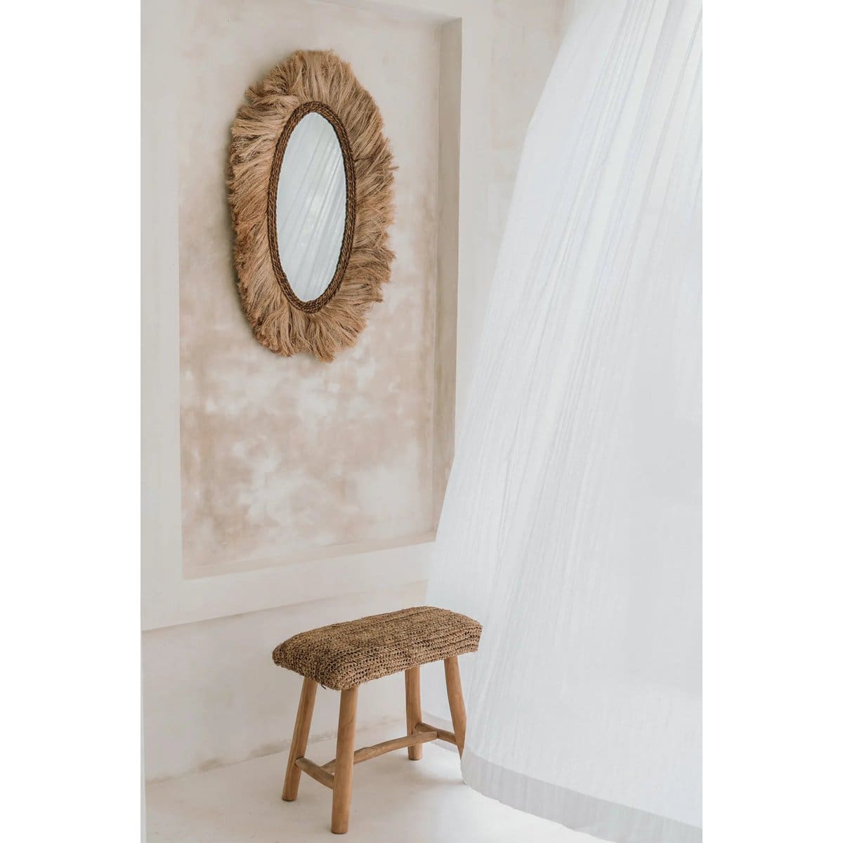 Banc en raphia et bois de teck – Fabrication artisanale sur commande (pièce neuve)