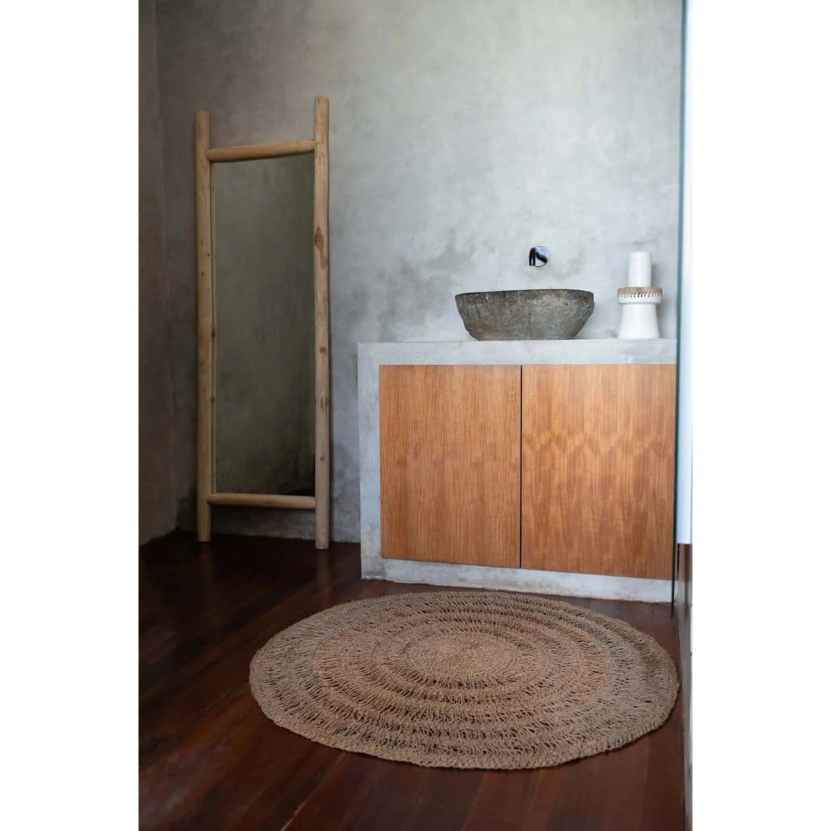 Miroir de sol naturel – Cadre en teck brut façonné à la main (pièce neuve)