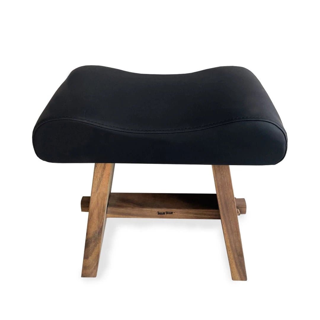 Tabouret en bois de suar et cuir noir – Design artisanal d’Indonésie (pièce neuve)
