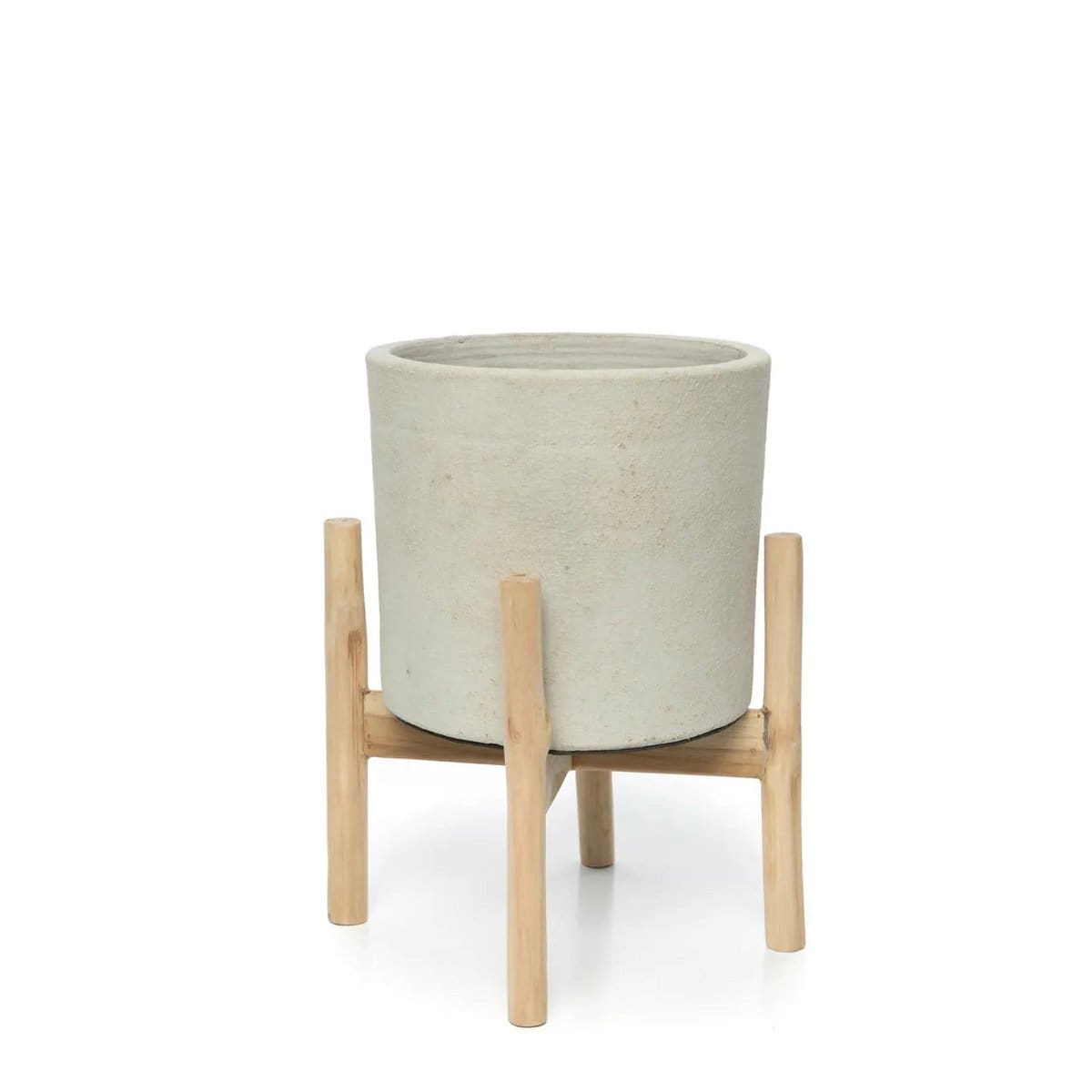 Jardinière design – Structure en teck brut & pot en béton texturé, création neuve de Bali – S