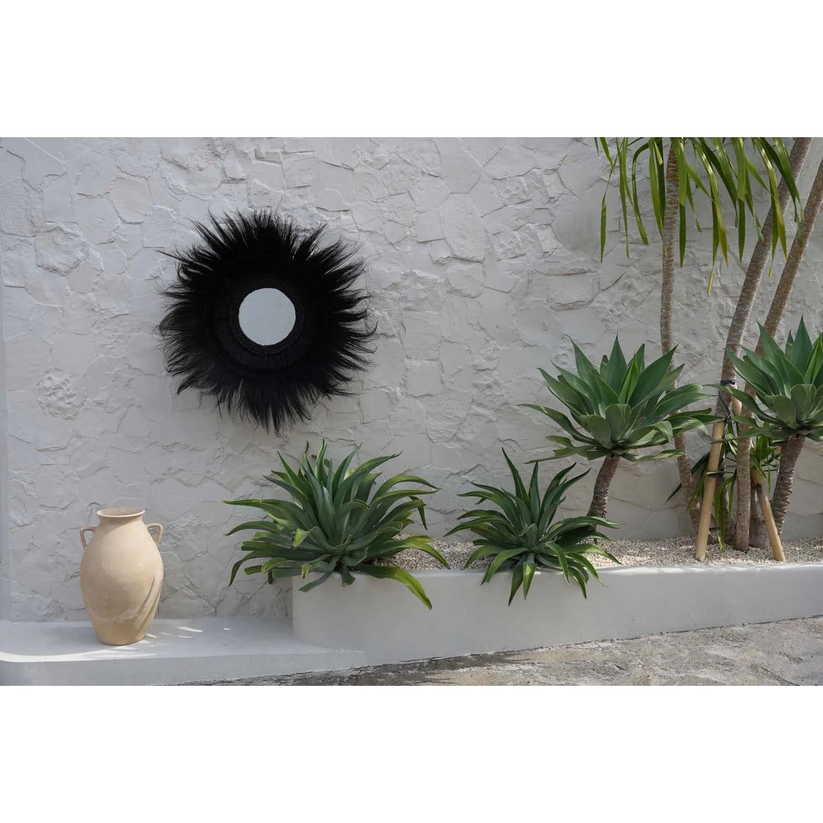 Miroir en fibres naturelles noires – Design sculptural noir profond, Ø90 cm (neuf)