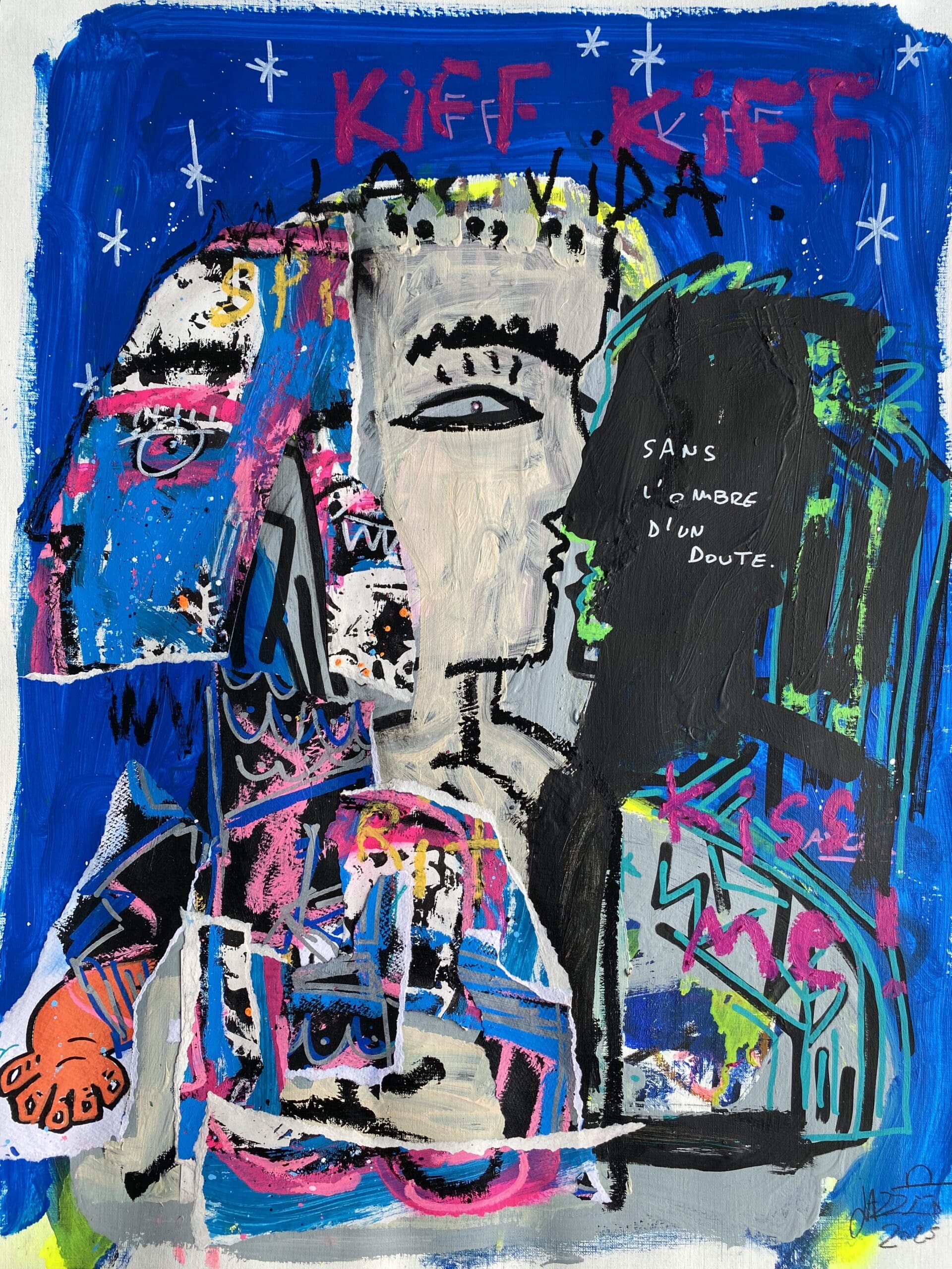 Kiff Kiff un mot à dire – Peinture de Jazzu (2025), collages et techniques mixtes