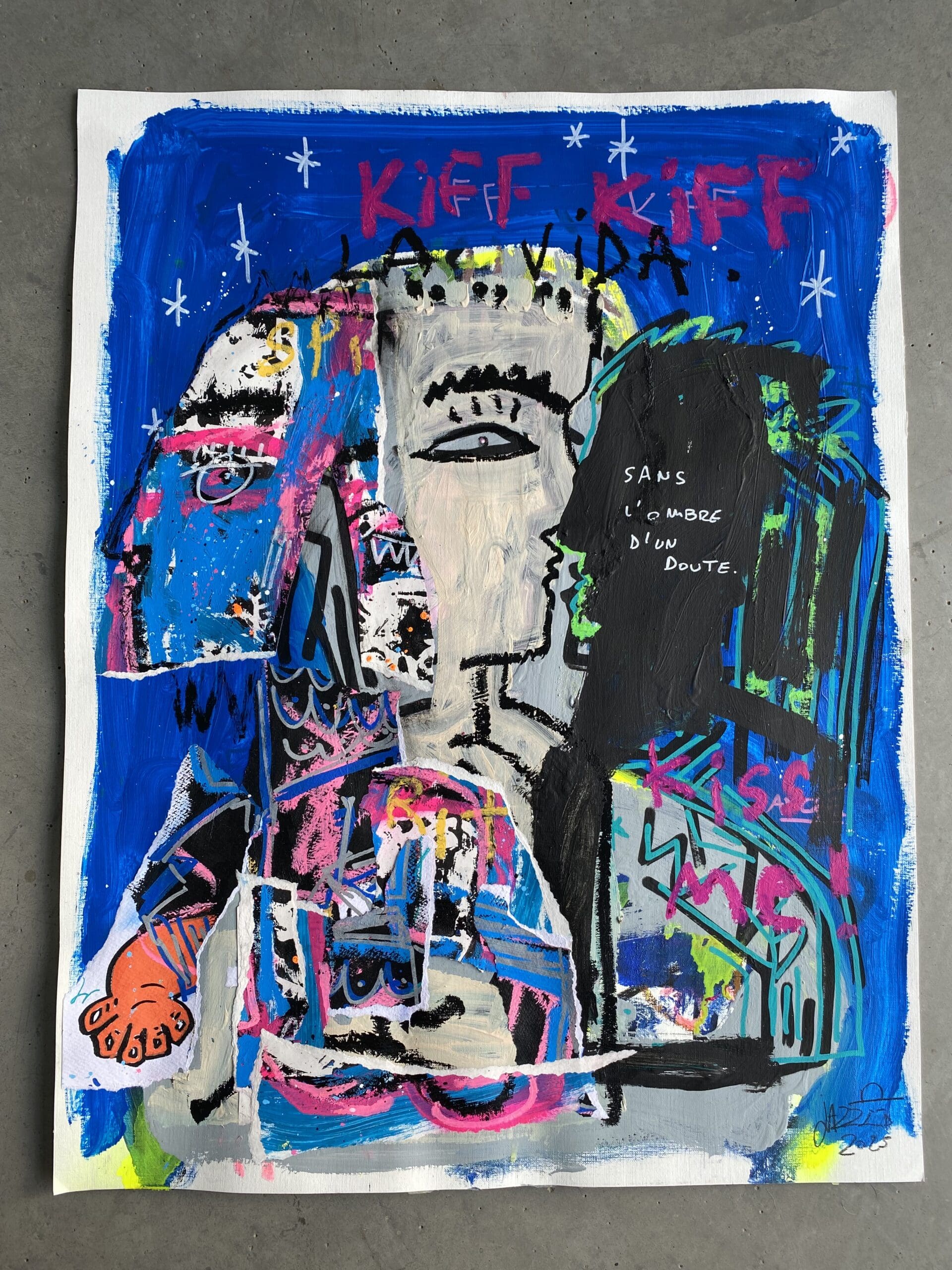 Kiff Kiff un mot à dire – Peinture de Jazzu (2025), collages et techniques mixtes