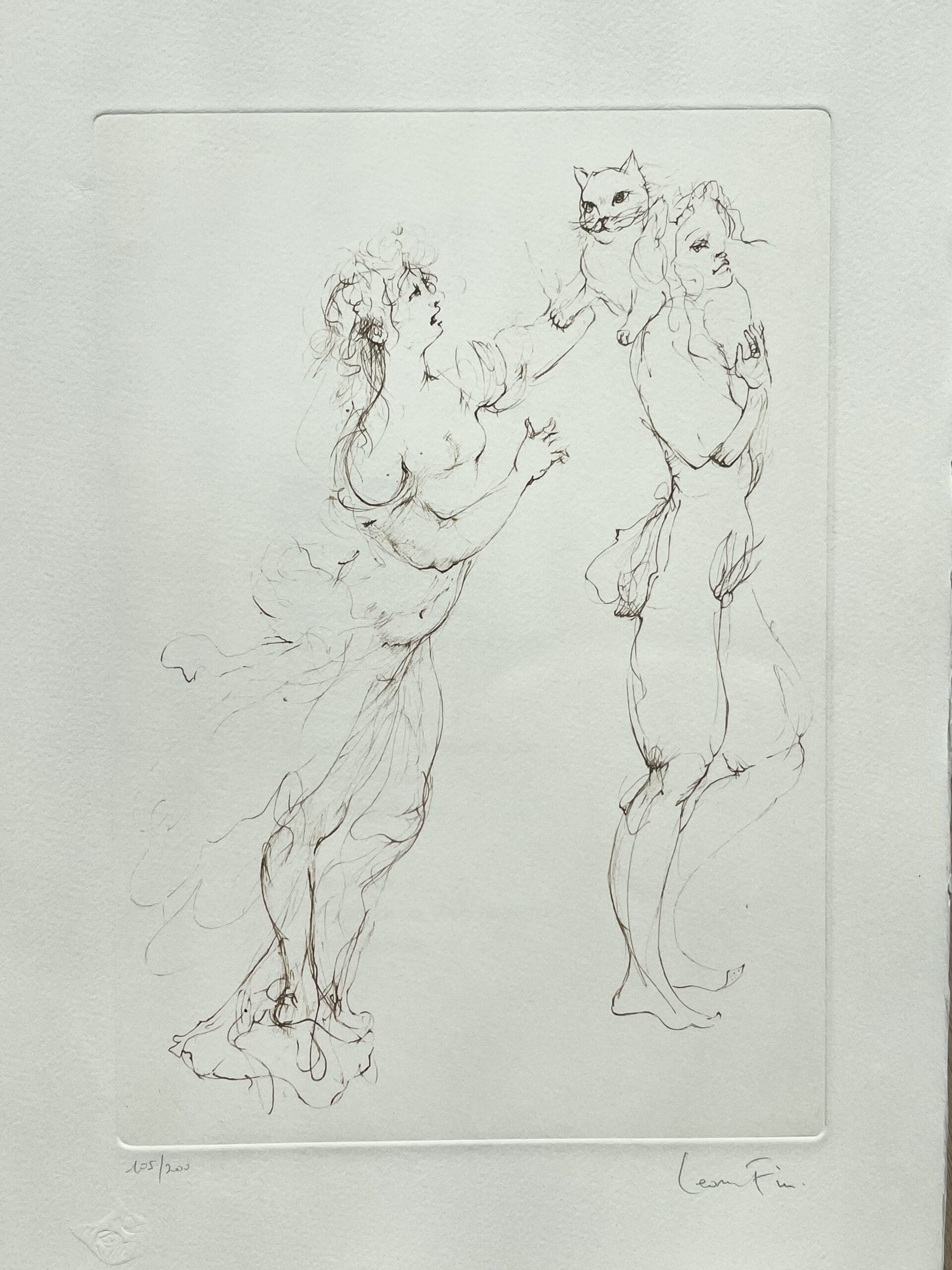 Leonor Fini – Litografia original assinada com figuras e gato, prova de artista, circa 1980