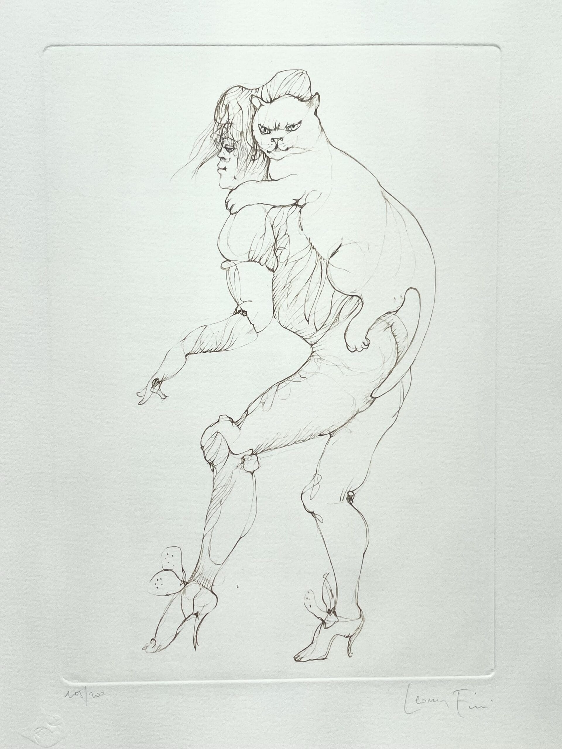 Leonor Fini – Original signed lithograph, woman and cat in fusion, circa 1980