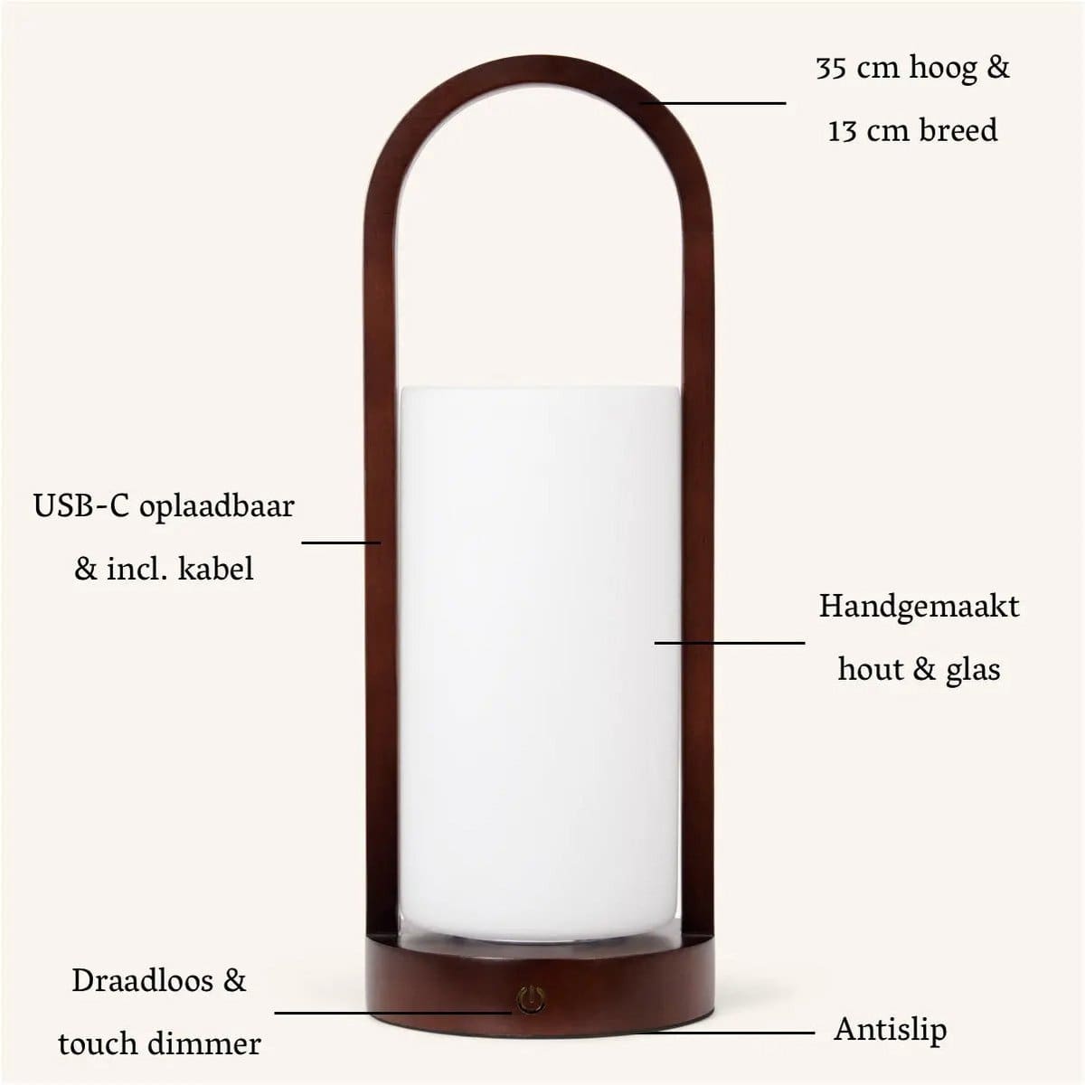 Lampe de table en bois rechargeable Evie marron foncé – Intensité variable et sans fil