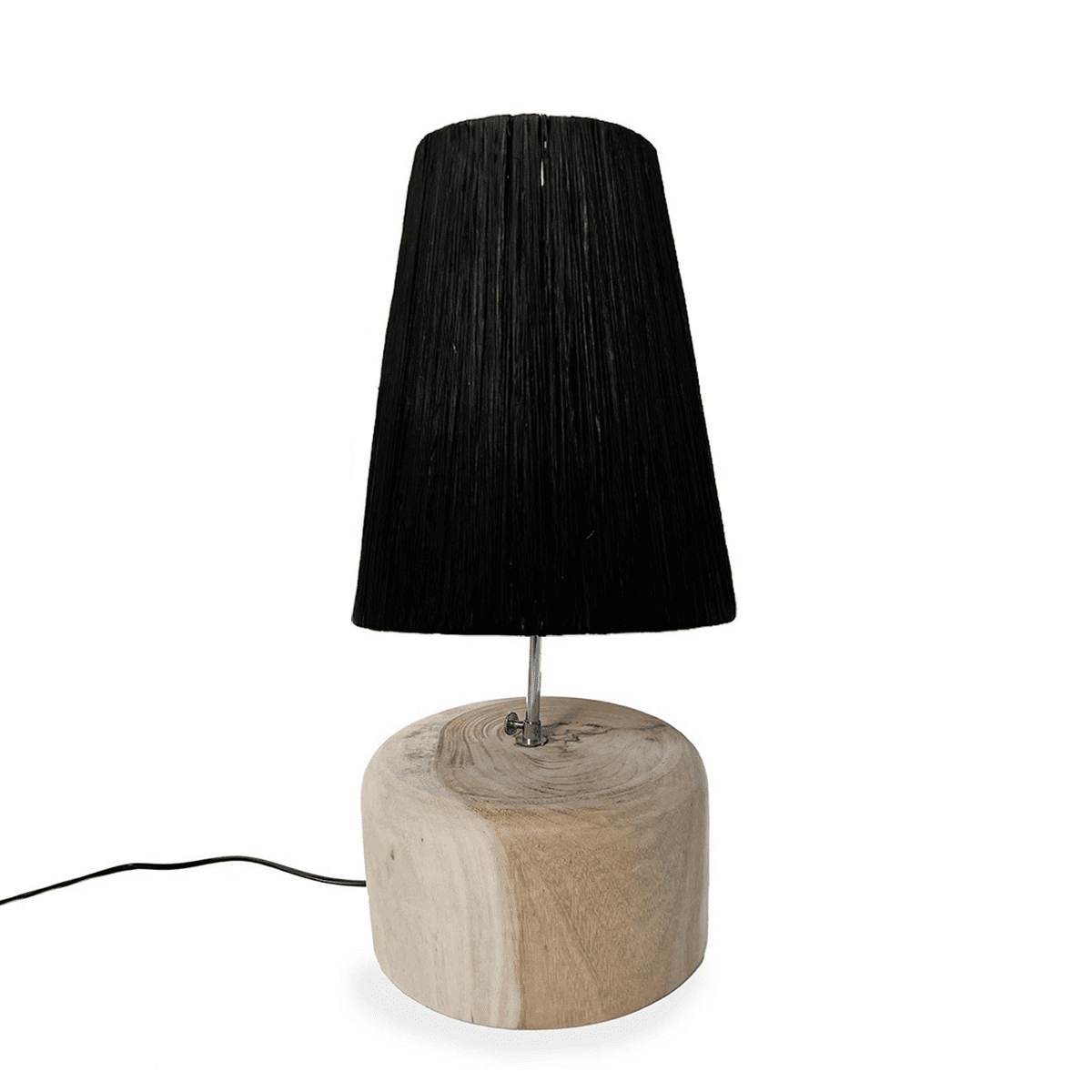 Lampe de table en teck indonésien & abat-jour en raphia noir — Création neuve au style bohème chic
