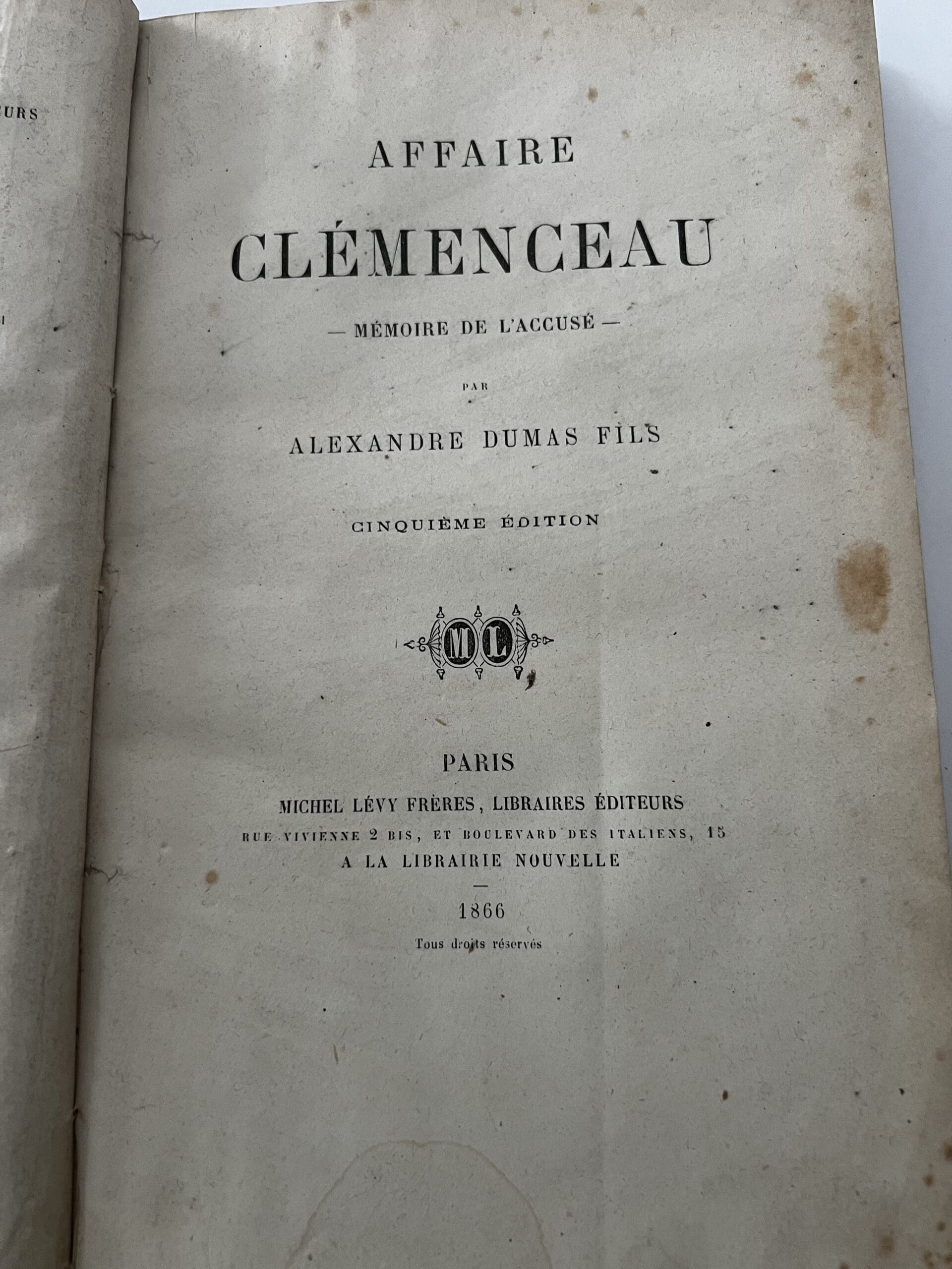 Affaire Clémenceau par Alexandre Dumas fils, édition Michel Lévy, 1866 (5e édition)