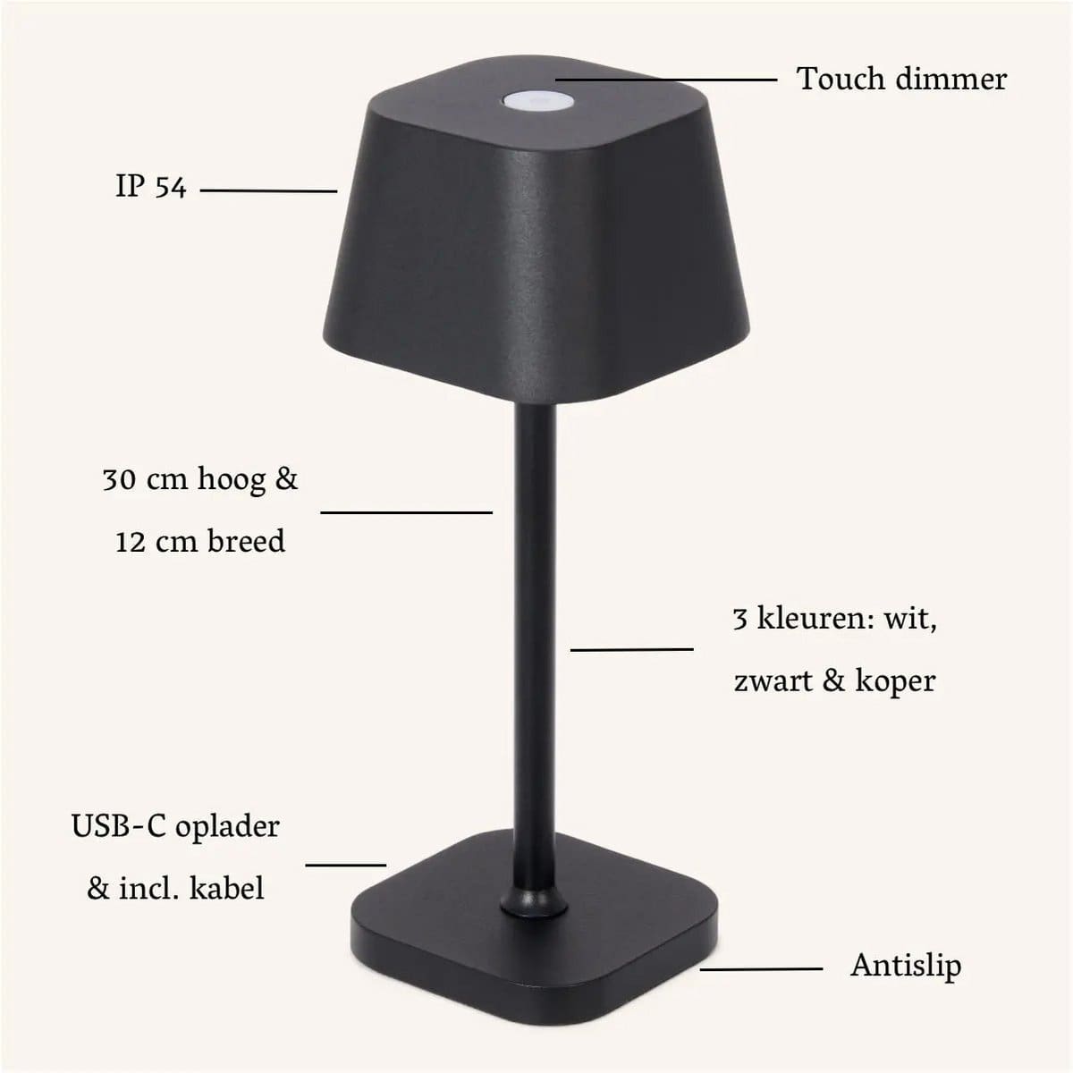 Lampe de table sans fil rechargeable Ava Black – Design minimaliste et lumière modulable (pièce neuve)