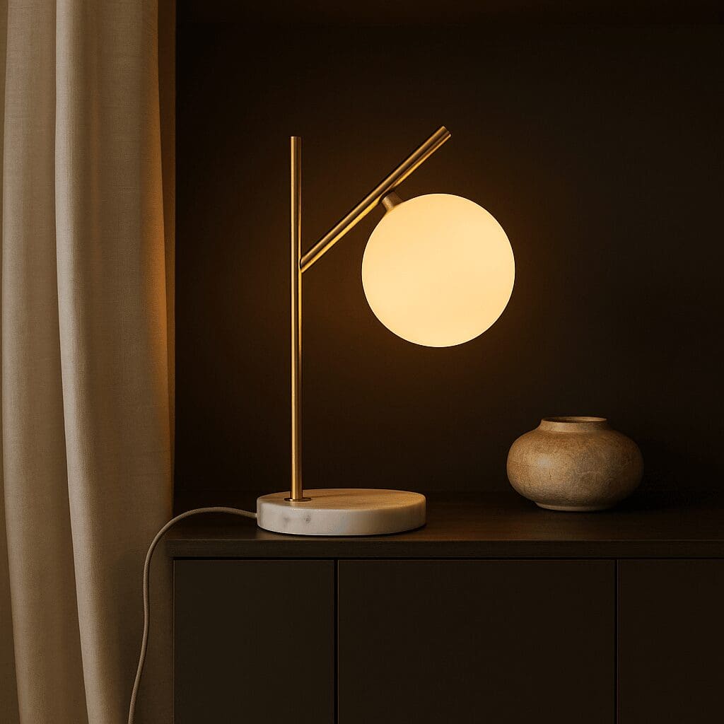 Pureté minérale – Lampe neuve Madison en marbre et métal avec globe en verre dépoli