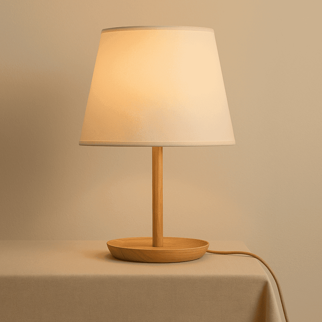 Lumière authentique – Lampe Emily avec base boisée et abat-jour crème (édition neuve)