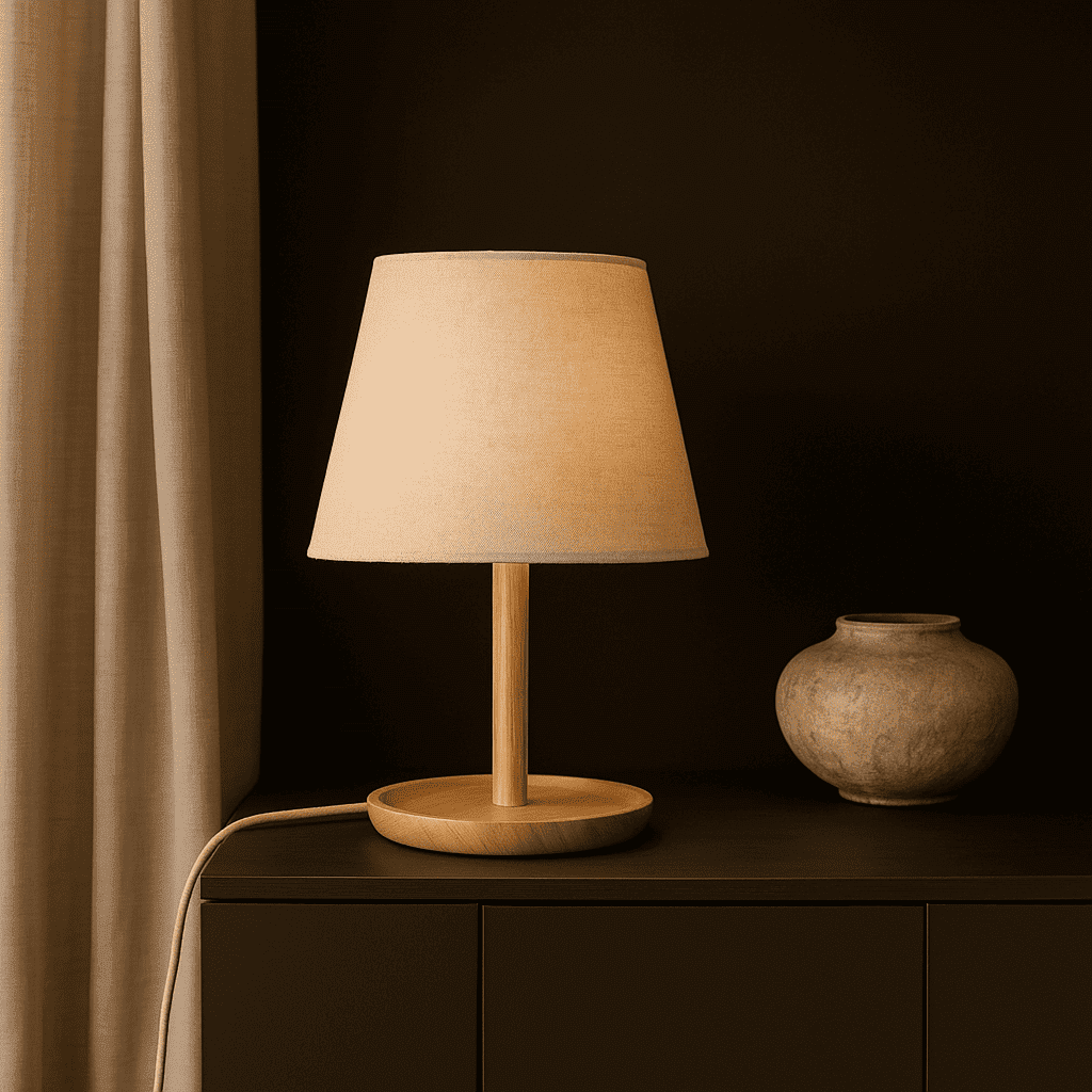 Lumière authentique – Lampe Emily avec base boisée et abat-jour crème (édition neuve)