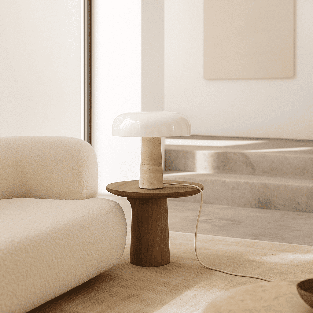 Lampe en travertin Emily – Design élégant fait à la main avec abat-jour en verre (pièce neuve)