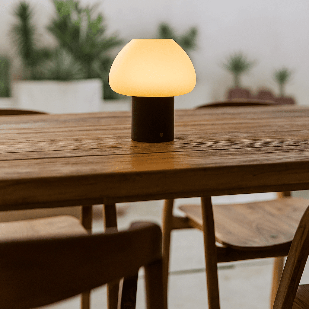 Fynn – Lampe rechargeable et dimmable en bois marron foncé et verre givré
