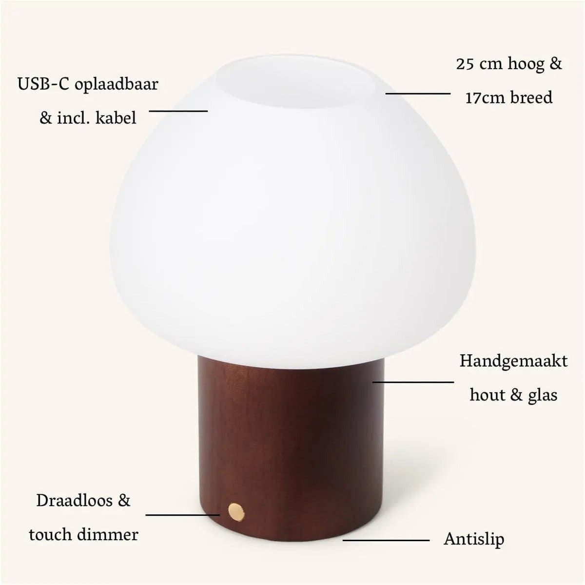 Fynn – Lampe rechargeable et dimmable en bois marron foncé et verre givré