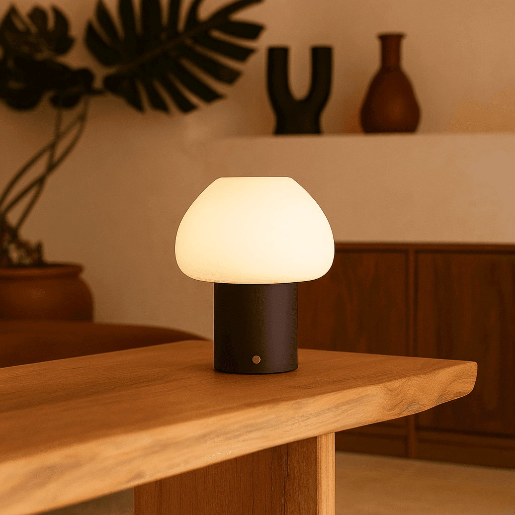Fynn – Lampe rechargeable et dimmable en bois marron foncé et verre givré