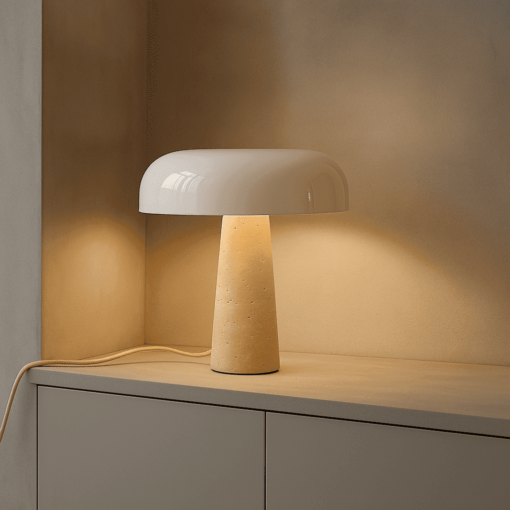 Lampe en travertin Emily – Design élégant fait à la main avec abat-jour en verre (pièce neuve)
