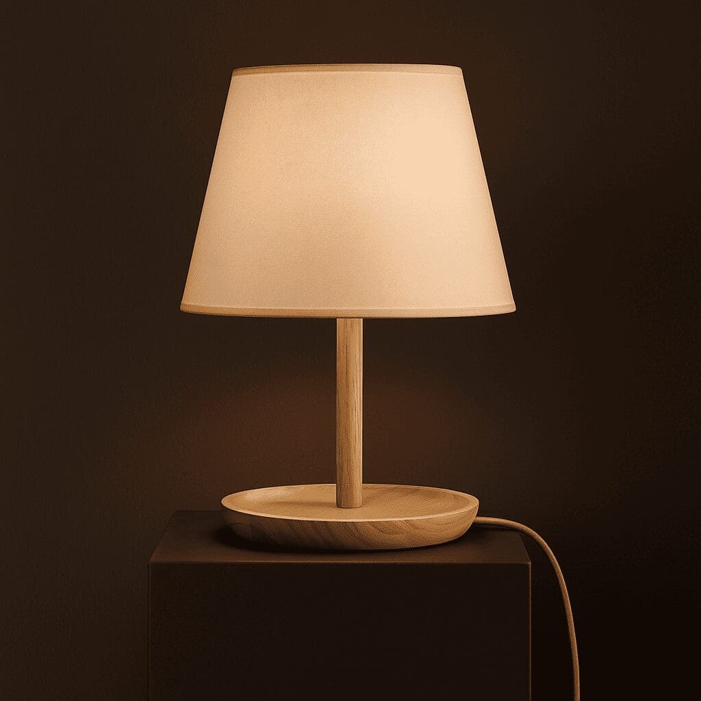 Lumière authentique – Lampe Emily avec base boisée et abat-jour crème (édition neuve)