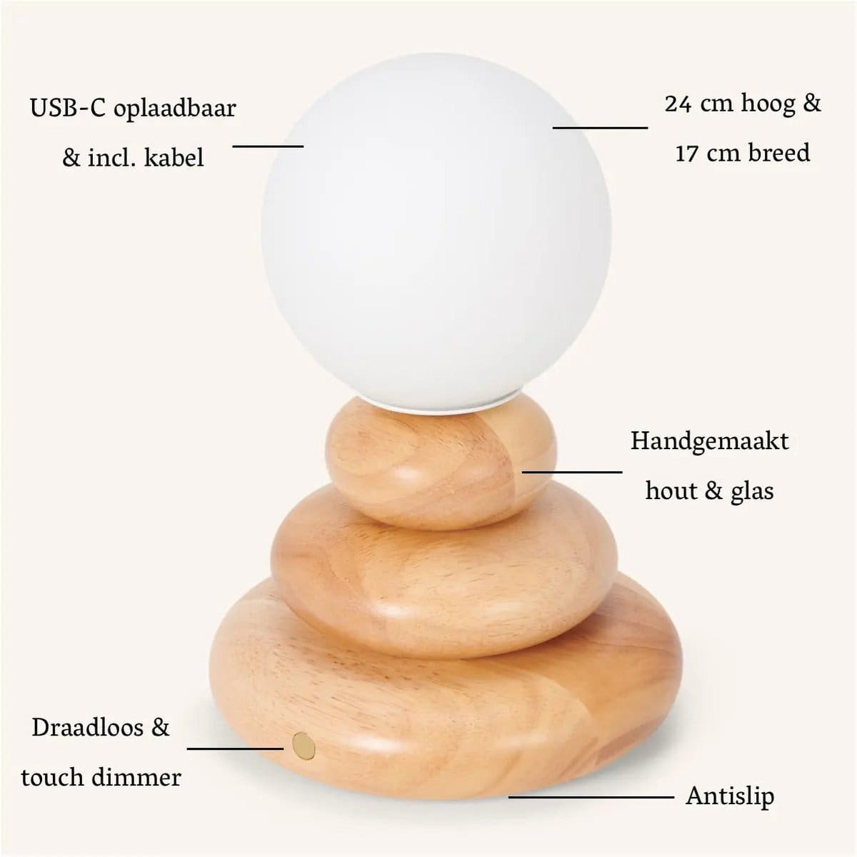 Lumière en Équilibre – Lampe rechargeable Isabella en bois caoutchouc et verre, design artisanal neuf