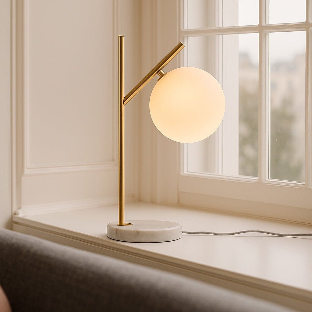 Pureté minérale – Lampe neuve Madison en marbre et métal avec globe en verre dépoli