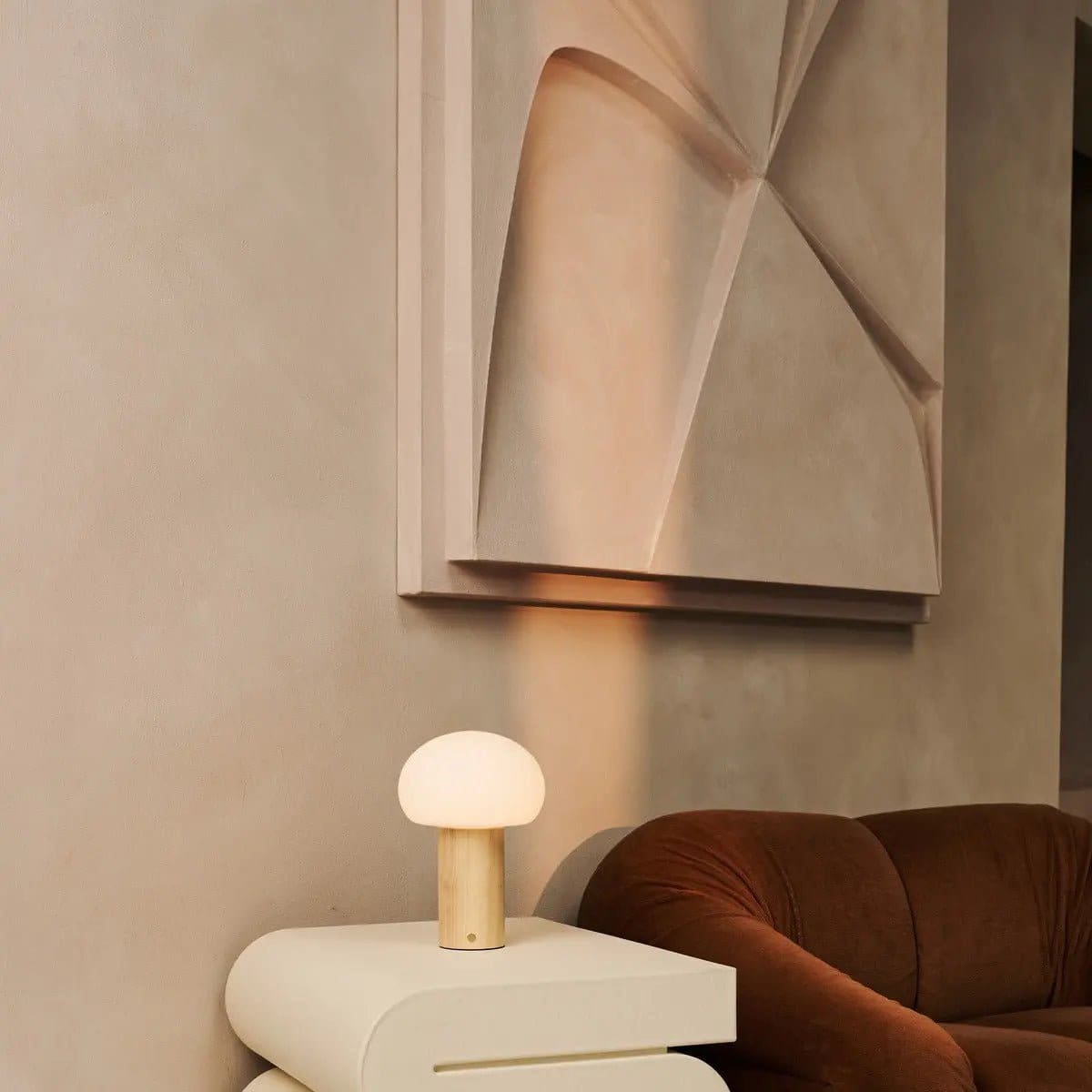 Élégance Nomade – Lampe Sam en bois naturel et verre, éclairage dimmable sans fil